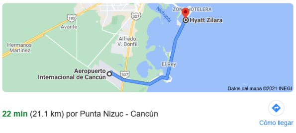 Cuál es la distancia del Aeropuerto de Cancún al hotel Hyatt Zilara