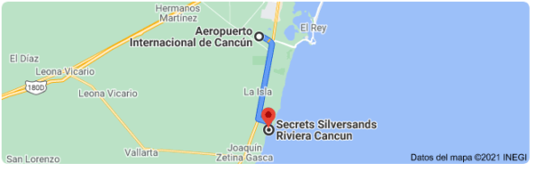 la distancia del aeropuerto de Cancún al hotel Secrets Silversands Riviera Cancún