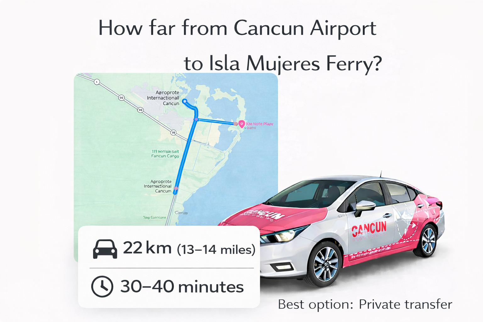 Private transportation from Cancun Airport (CUN) to the Isla Mujeres ferry at Puerto Juarez, Quintana Roo, Mexico