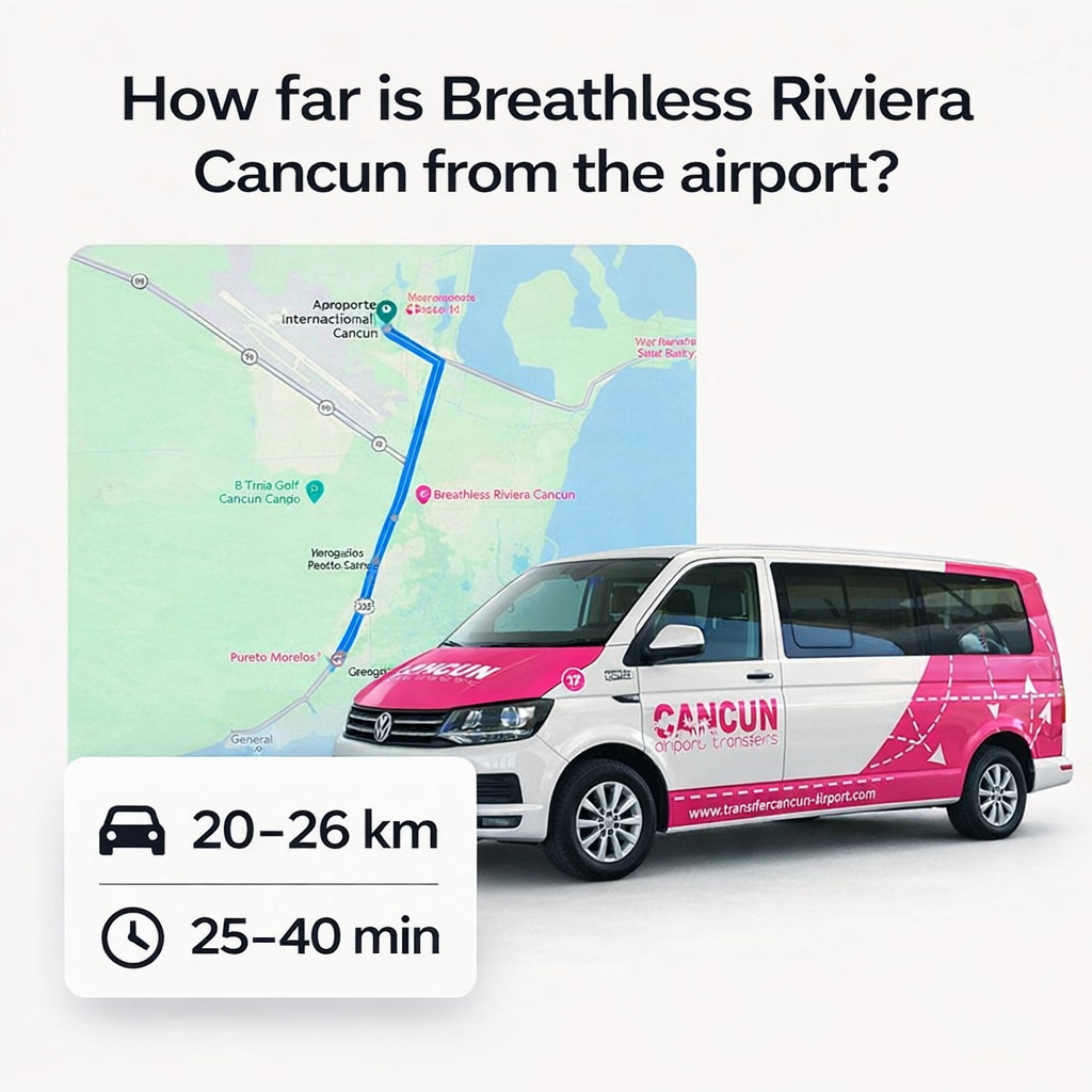 Private transportation from Cancun Airport (CUN) to Breathless Riviera Cancun Resort & Spa in Puerto Morelos, Riviera Cancun, Quintana Roo, Mexico