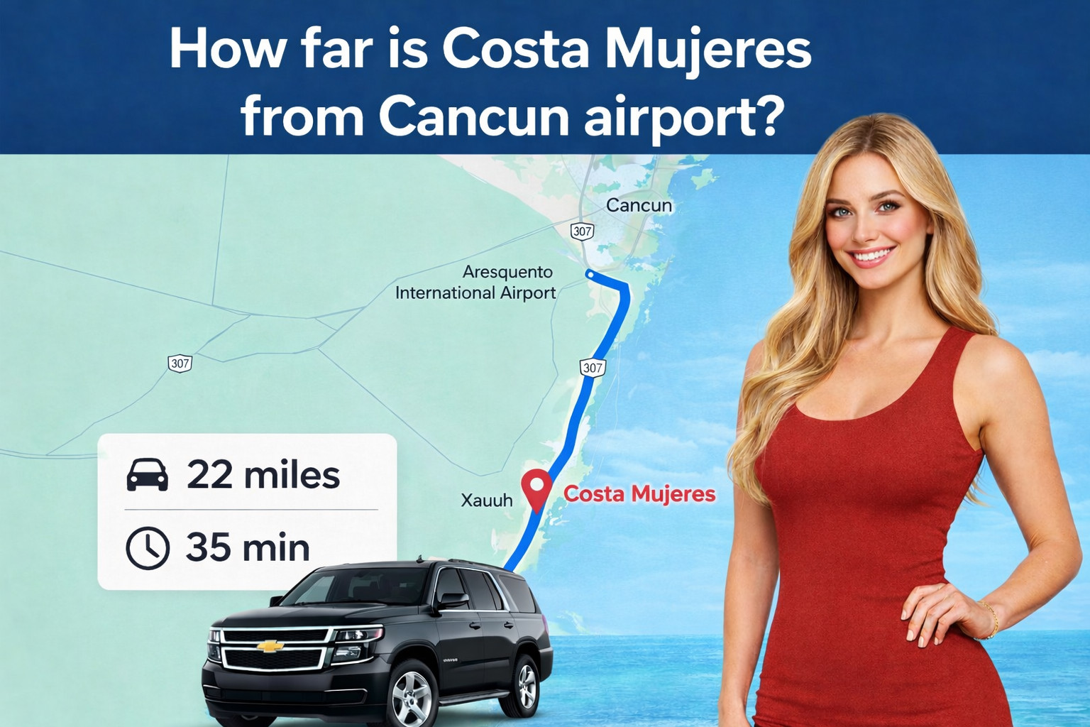 Private transportation from Cancun International Airport (CUN) to Costa Mujeres, Quintana Roo Mexico. Distance, travel time and best transfer options.