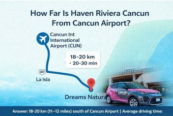 How far is Haven Riviera Cancun from Cancun Airport (CUN)? Private transportation distance and travel time to Haven Riviera Cancun, Riviera Cancun, Quintana Roo, Mexico