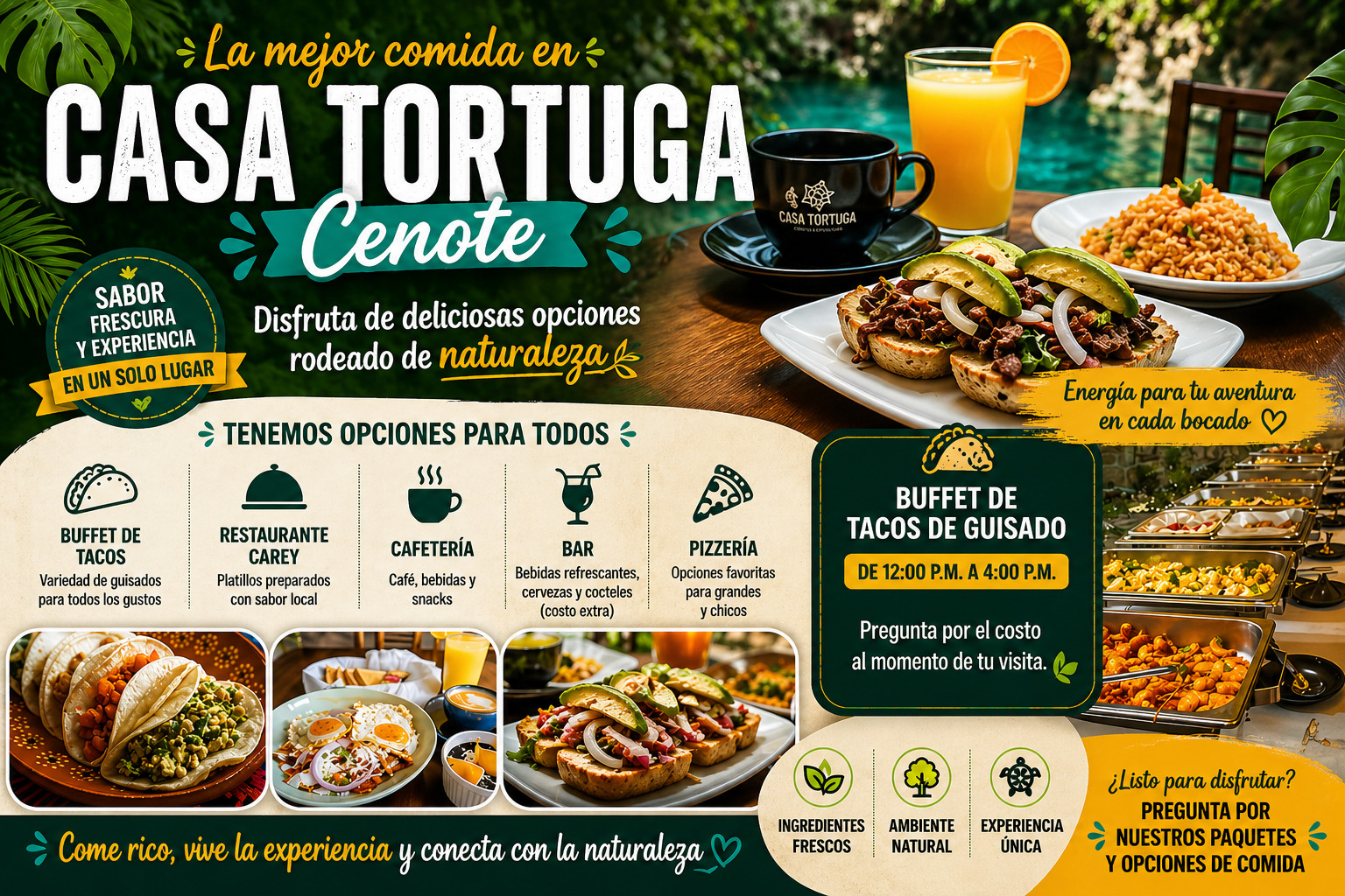 Comida en Casa Tortuga Cenote con buffet de tacos, restaurante, snacks y bebidas en Tulum Riviera Maya
