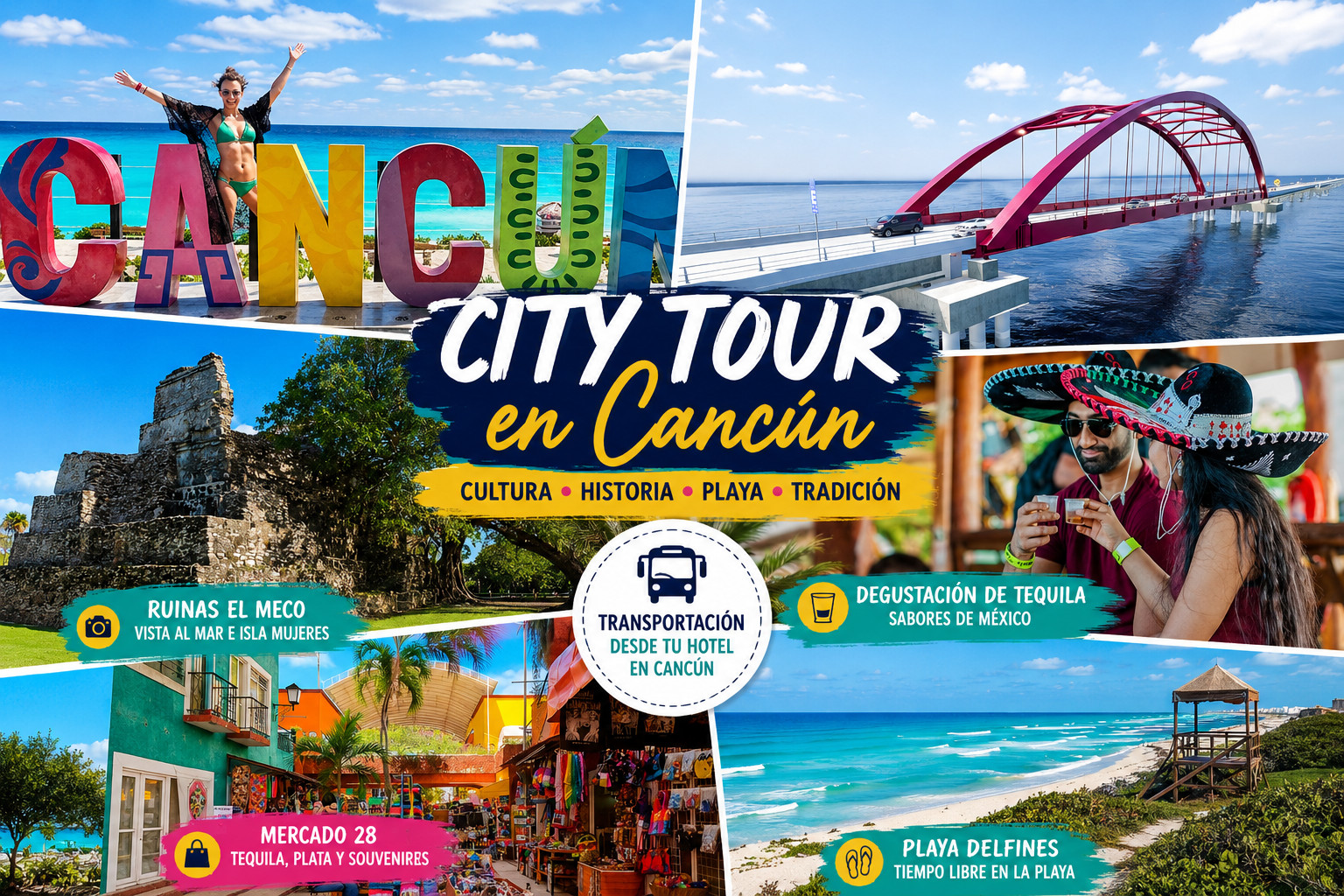 Cancun City Tour Basic Package with El Meco Ruins, Market 28, Nichupte Bridge, Cancun sign and Playa Delfines