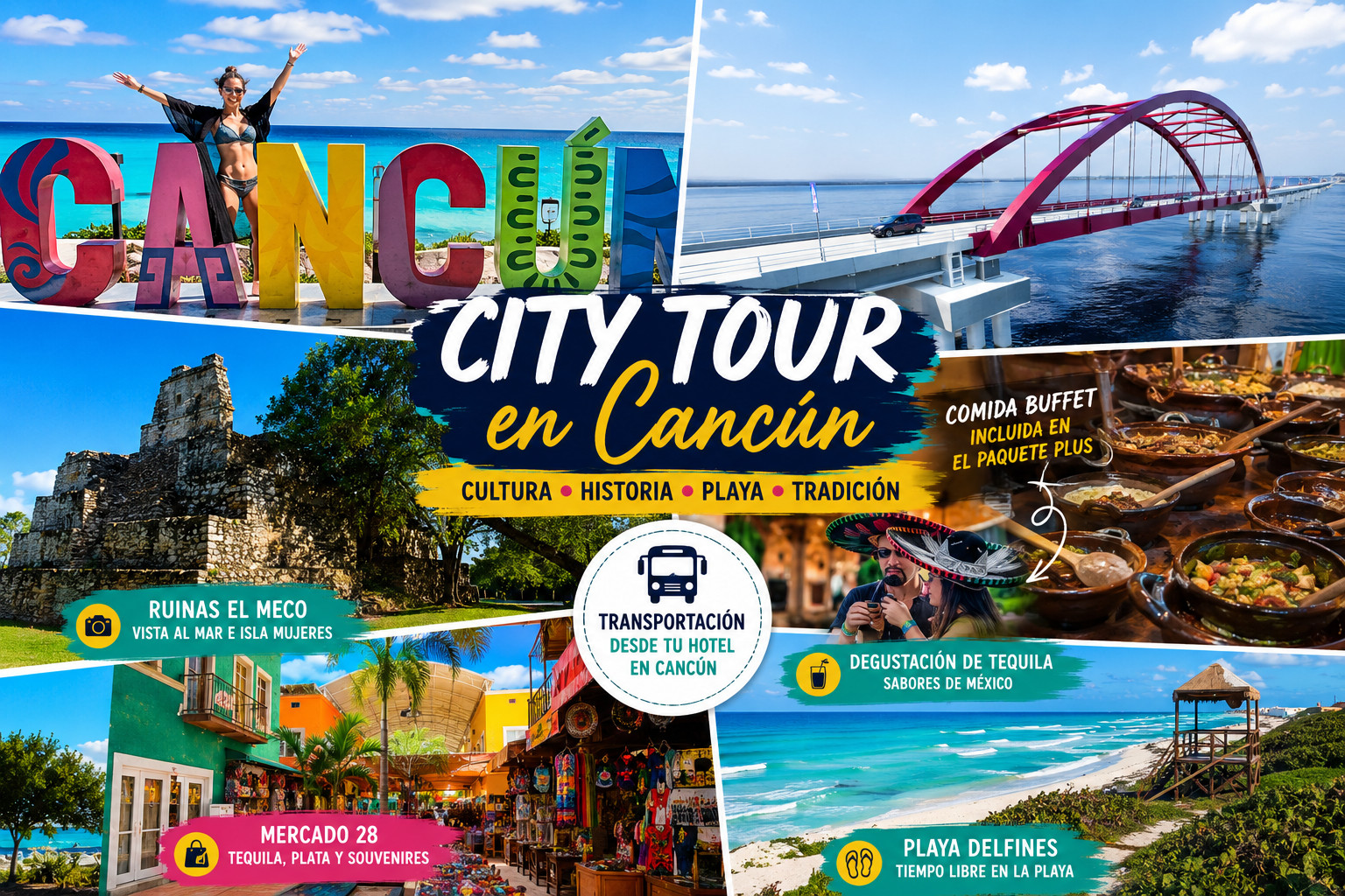 Cancun City Tour Plus Package with buffet meal, El Meco Ruins, Market 28, tequila tasting and Playa Delfines