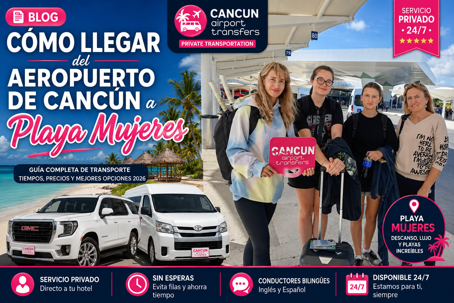 C&oacute;mo llegar del Aeropuerto Internacional de Canc&uacute;n a Playa Mujeres con Cancun Airport Transfers. Familia de viajeros llegando al aeropuerto y servicio de transportaci&oacute;n privada hacia hoteles en Playa Mujeres.