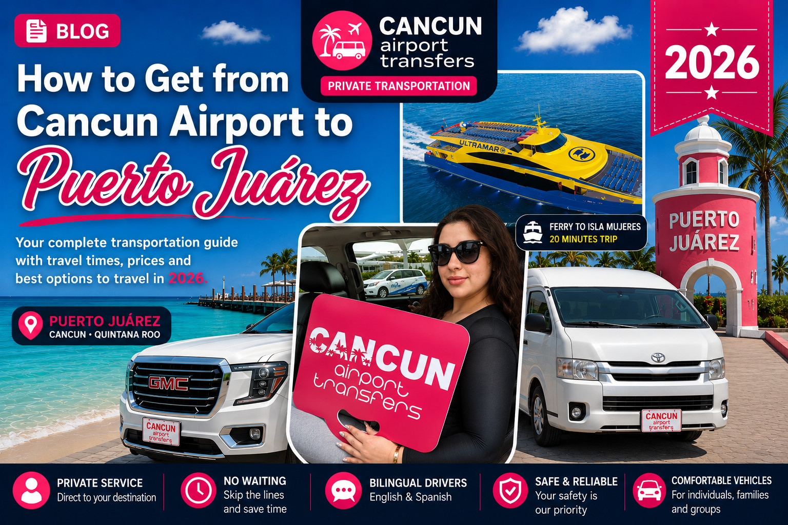 Travelers arriving at Puerto Juarez Ferry Terminal after a private transfer from Cancun International Airport.