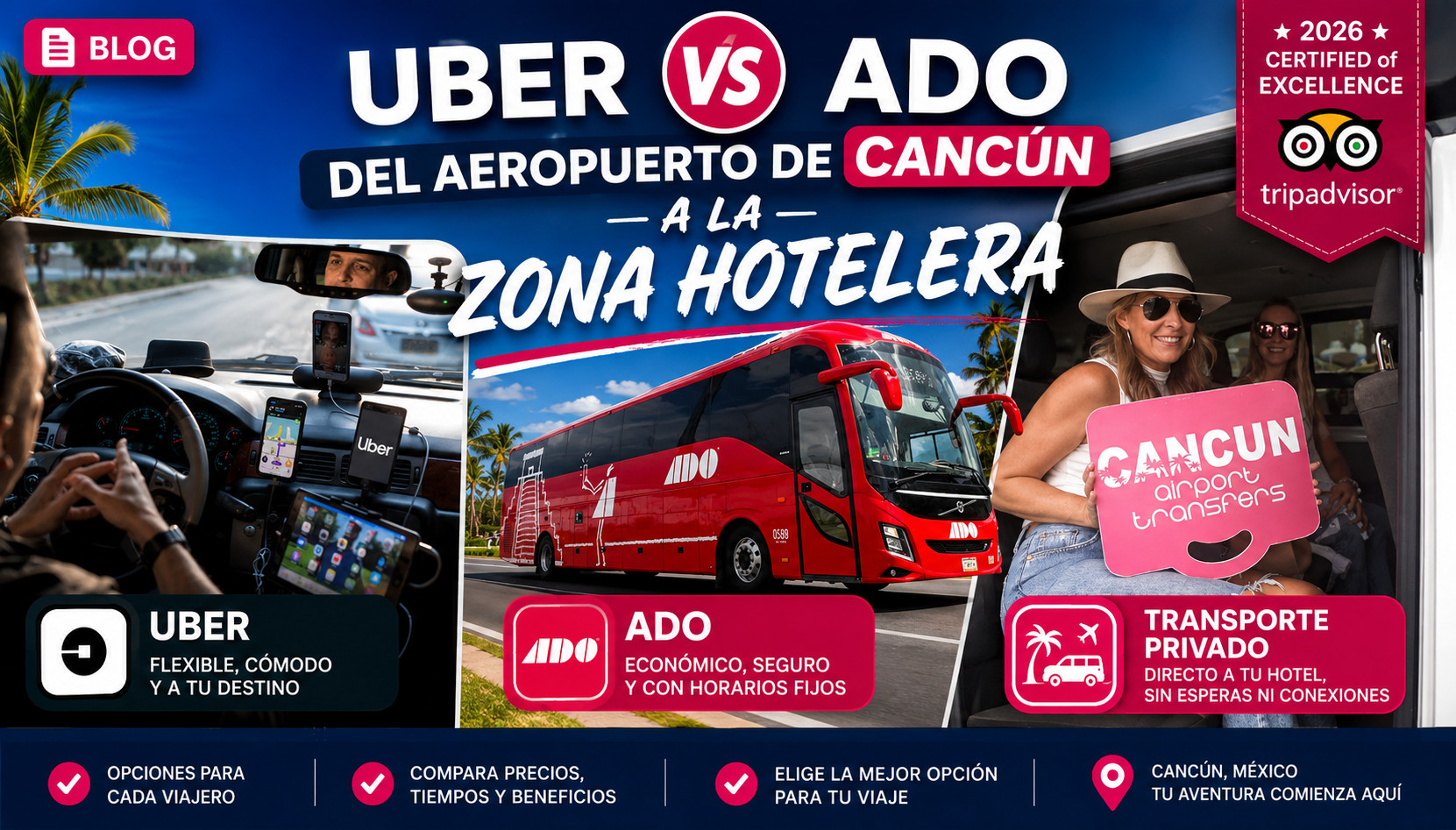 Uber vs ADO desde el Aeropuerto de Canc&uacute;n a la Zona Hotelera