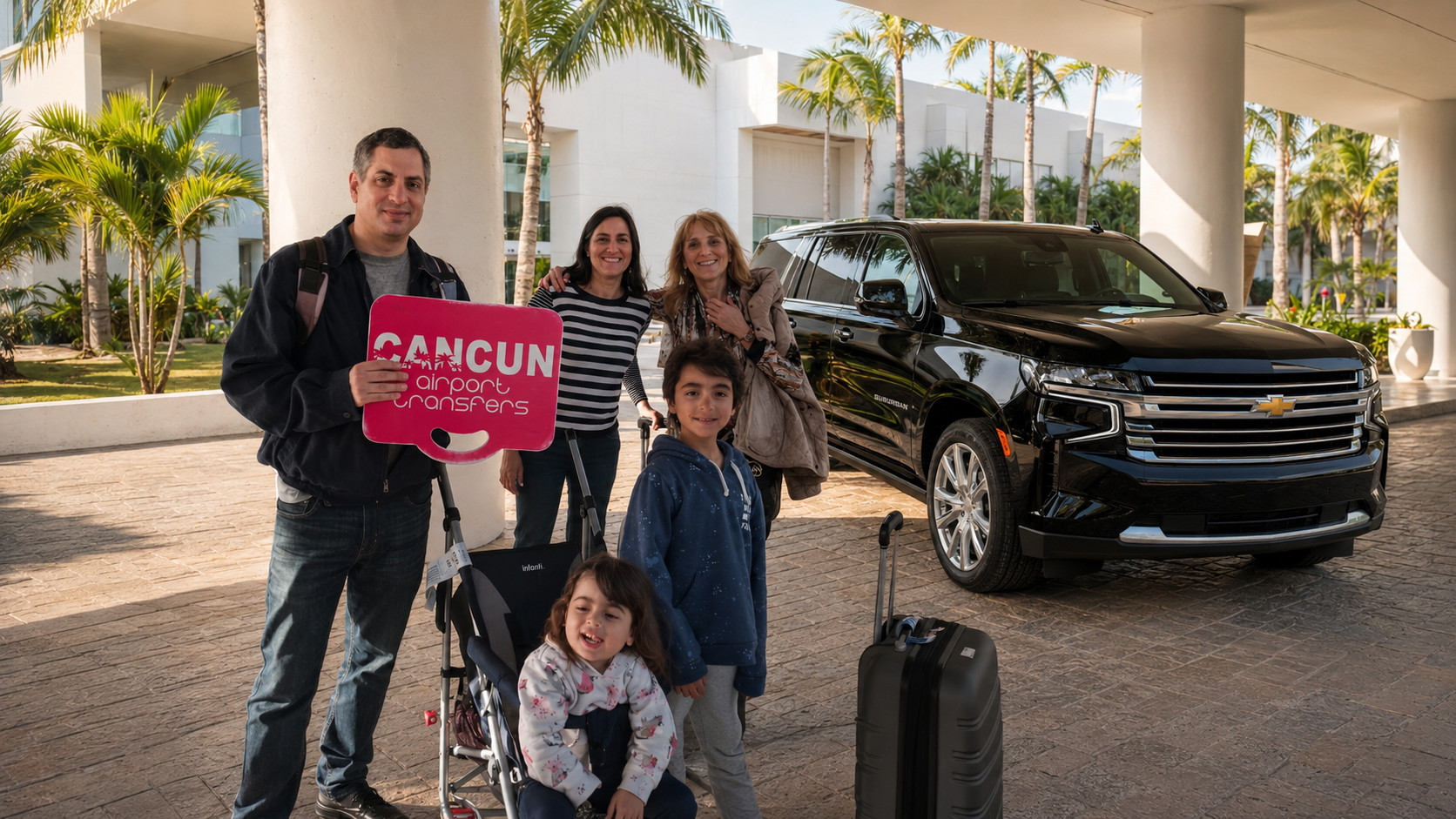 Familia utilizando un traslado privado del Aeropuerto de Canc&uacute;n a su hotel