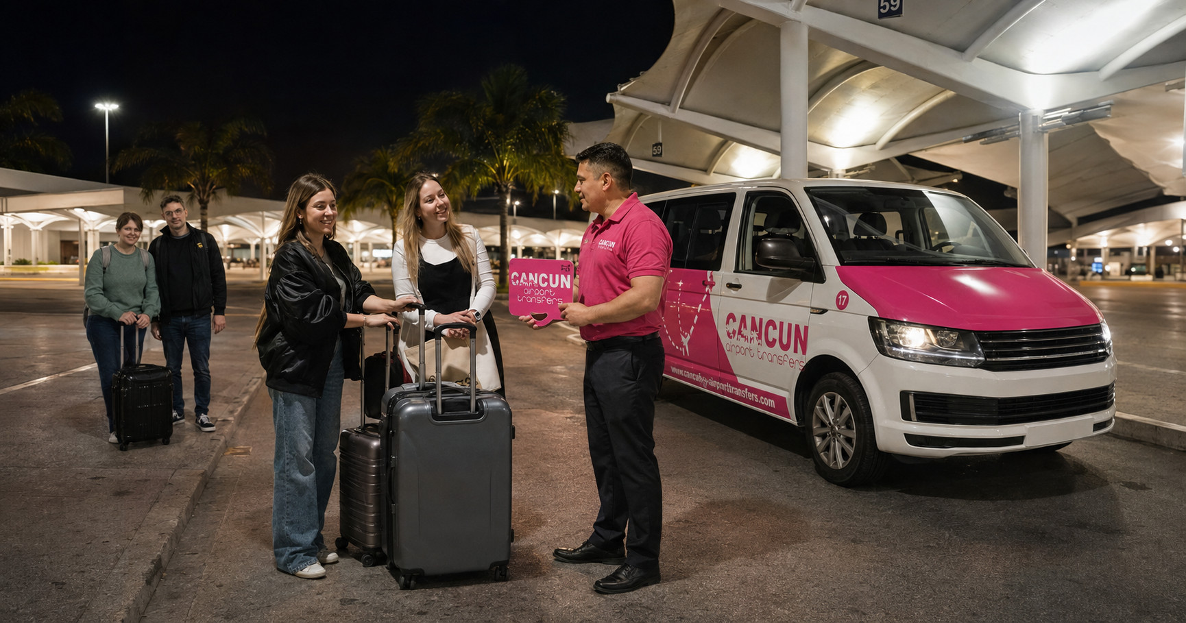 Transportaci&oacute;n privada recibiendo pasajeros de madrugada en el Aeropuerto de Canc&uacute;n
