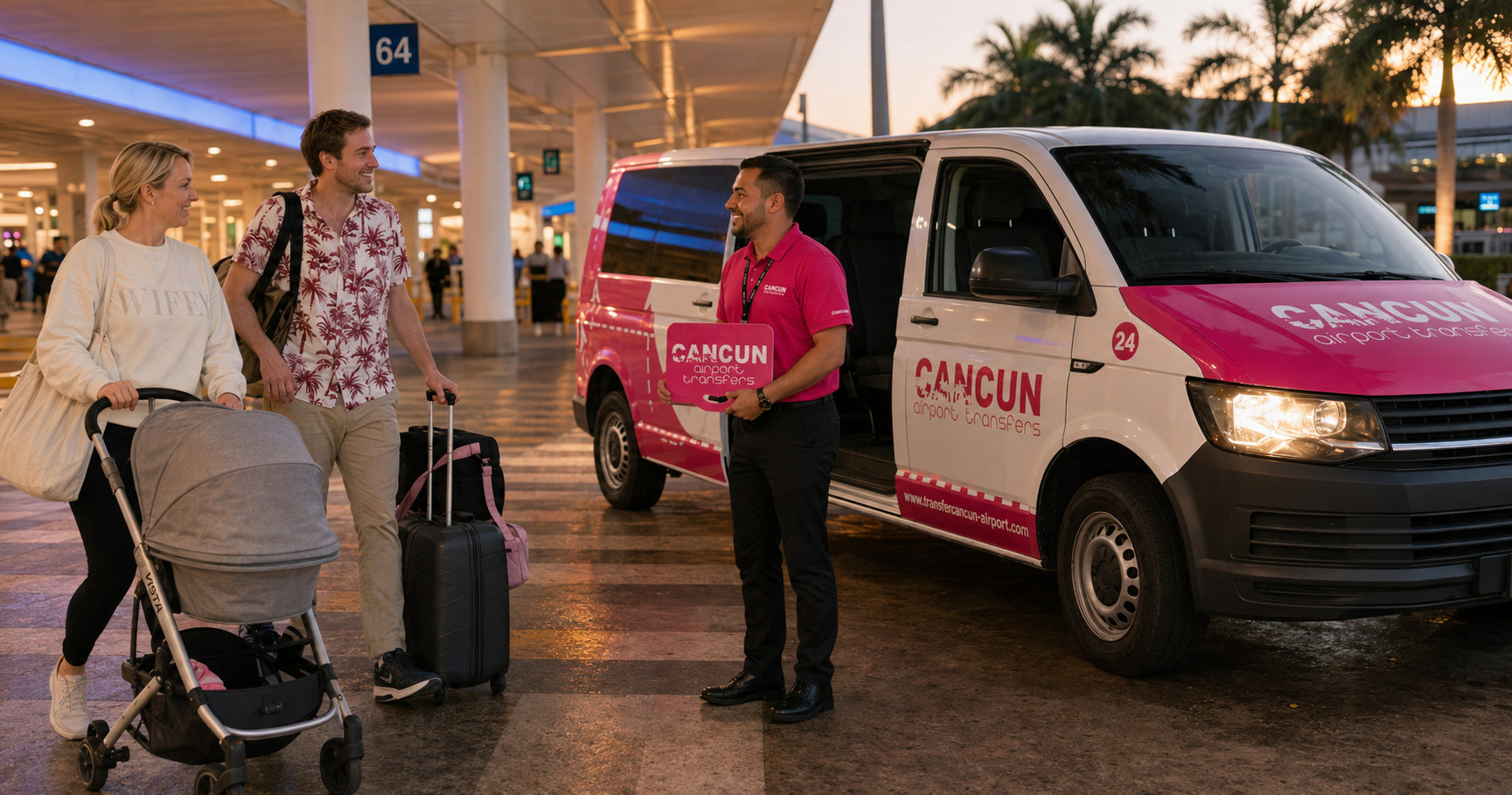 Representante de transportaci&oacute;n privada recibiendo pasajeros al salir del Aeropuerto de Canc&uacute;n