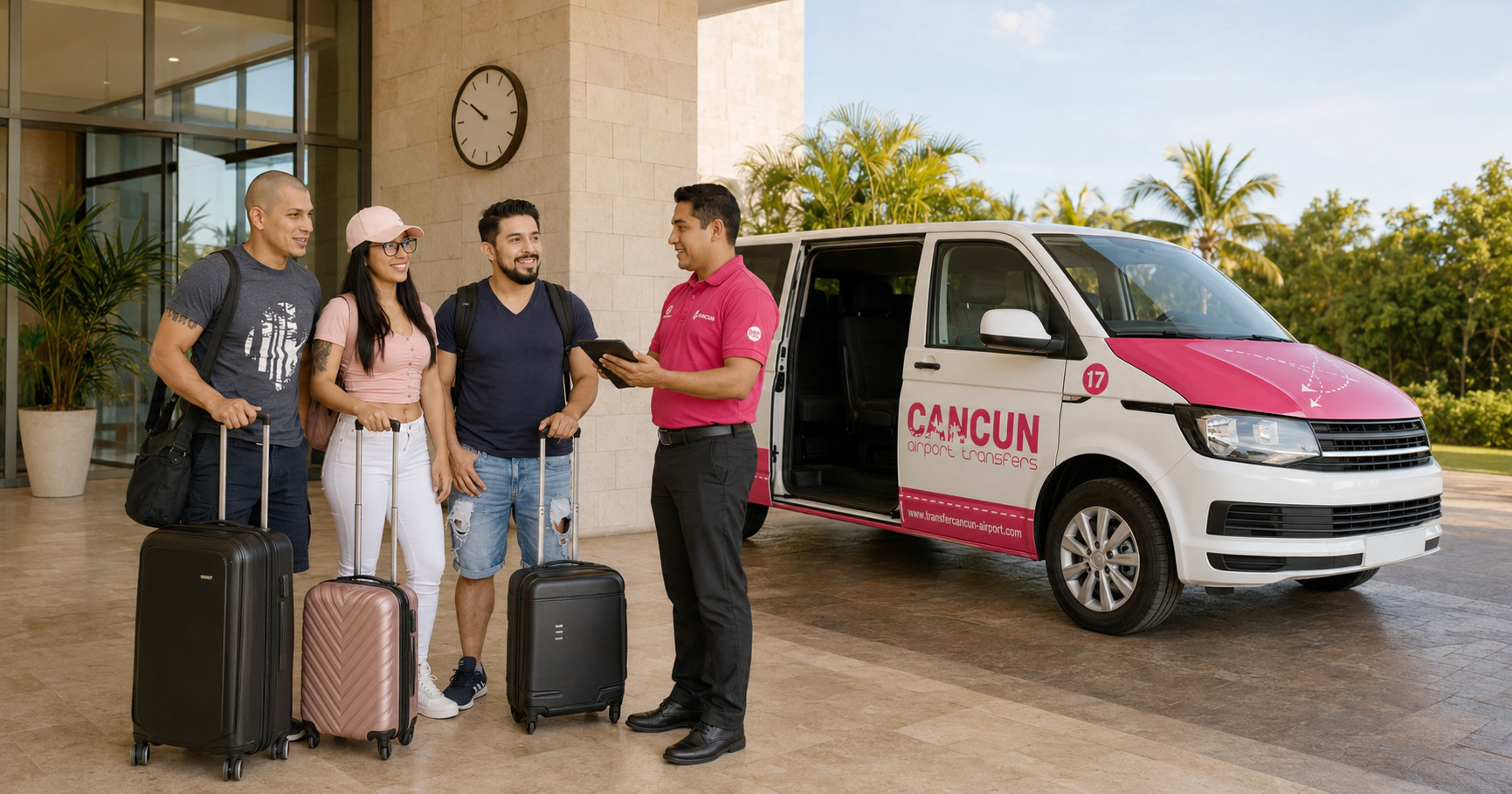 Pasajeros listos para su traslado del hotel al Aeropuerto de Canc&uacute;n