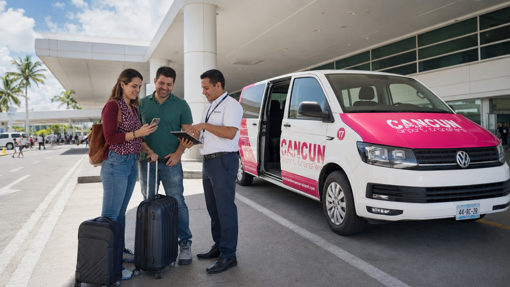 Pasajeros verificando su reservaci&oacute;n de transportaci&oacute;n en el Aeropuerto de Canc&uacute;n