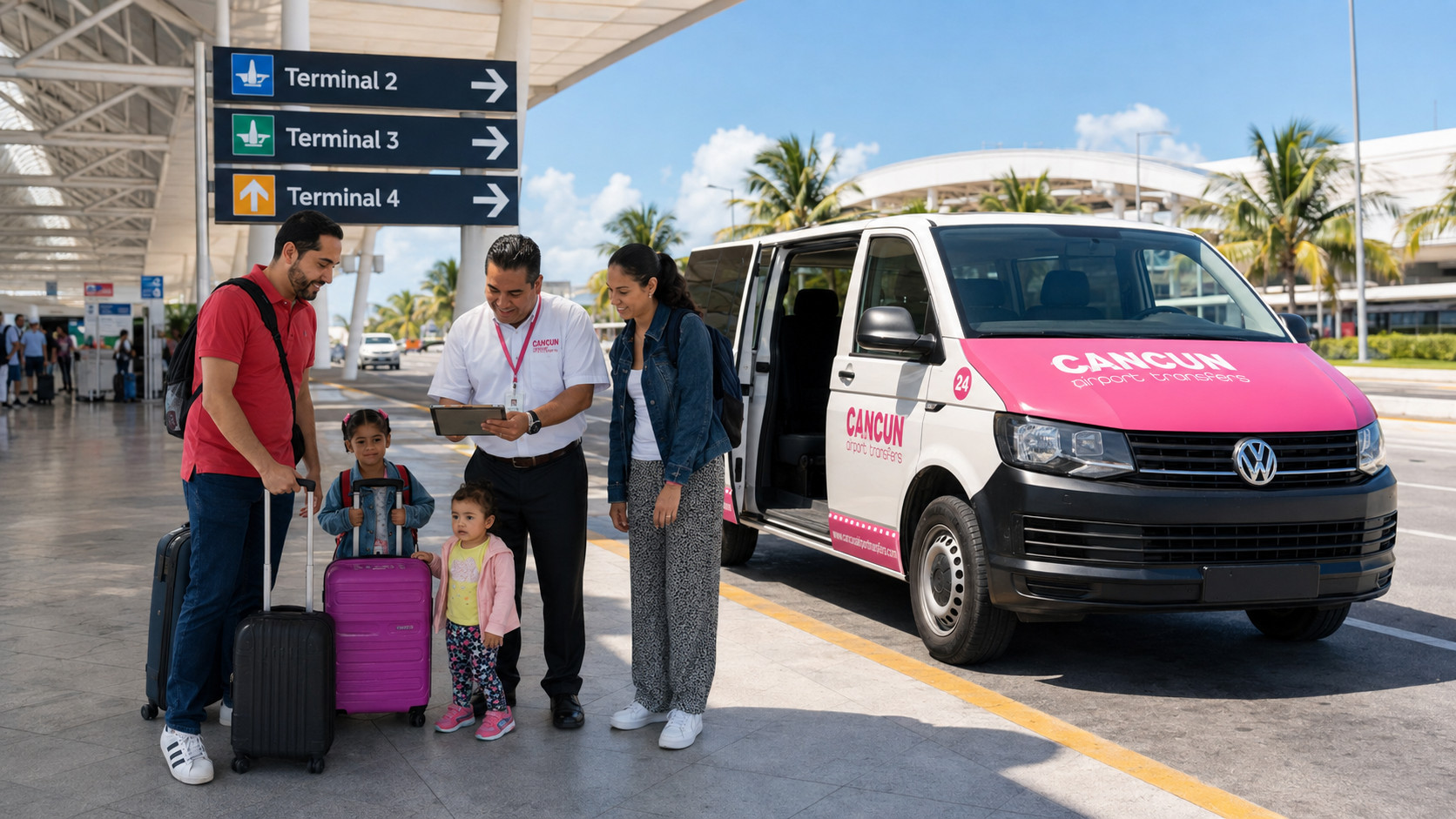How to confirm your Cancun Airport terminal for a private transfer Family confirming the correct Cancun Airport terminal with a private transfer representative
